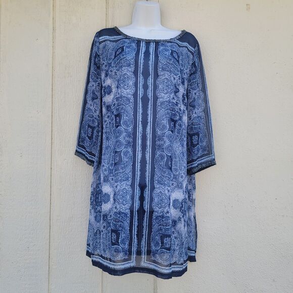 Chico's Tops - Chico's Paisley print Sheer Beaded Trim tunic top Blu/wht wmns sz L